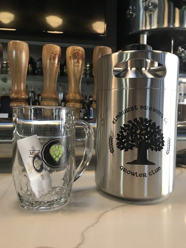 Elmhurst Brewing Co mug and growler